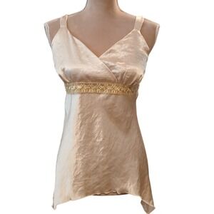 Vtg Anxiety Champagne Satin Empire Waist Cami Lace Sequin Babydoll Top Medium